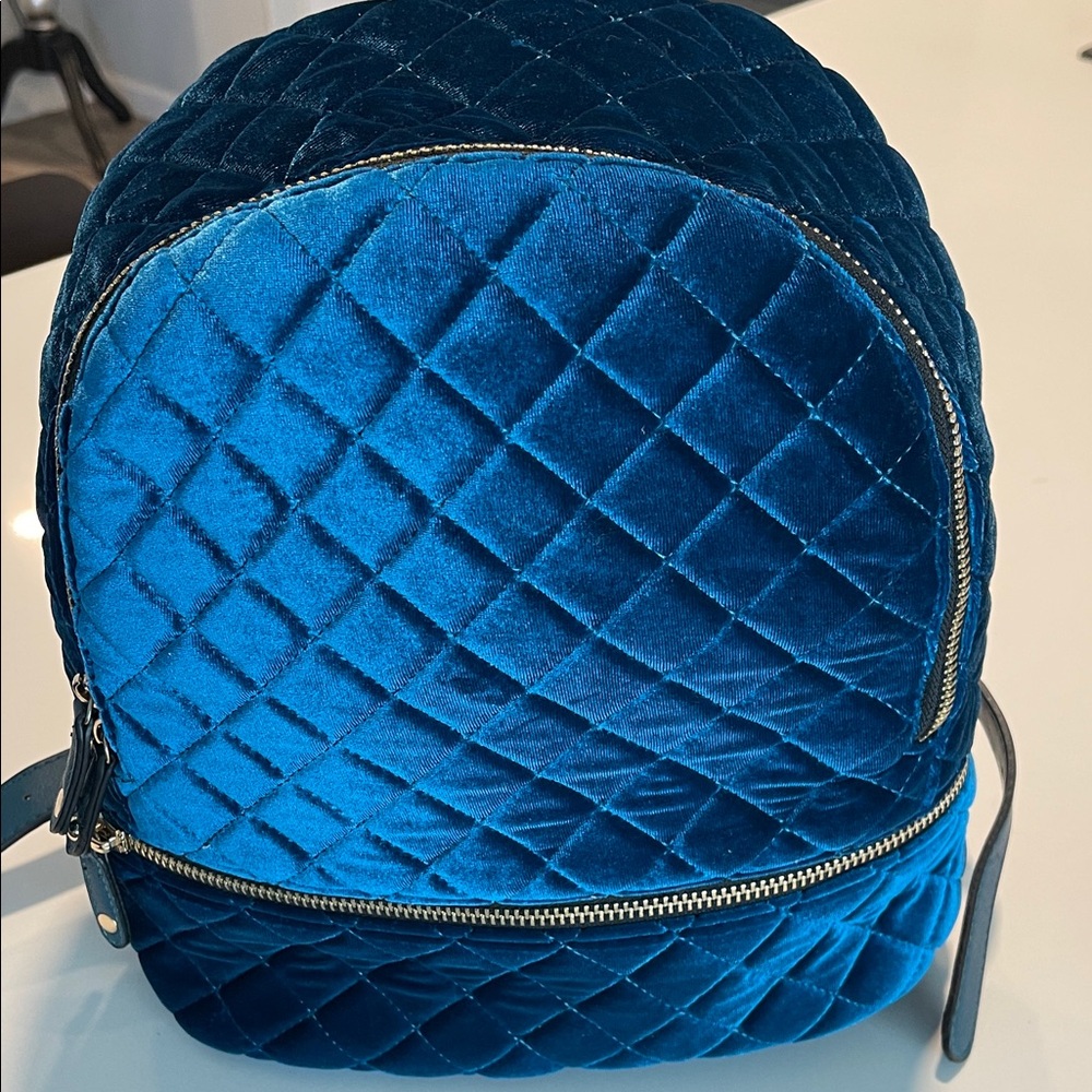 Royal Blue Velour Quilted Backpack with Gold Zipper Accents